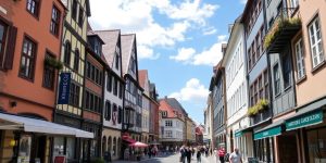 Bamberger Innenstadt mit historischen Gebäuden und lebhaften Straßen.