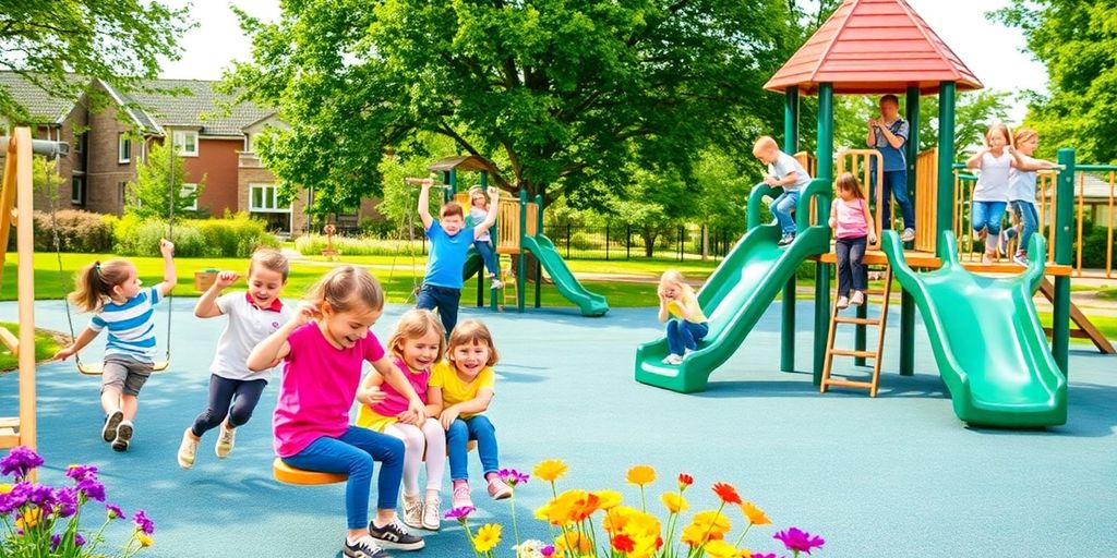 Kinder spielen auf einem bunten Spielplatz in Bamberg.