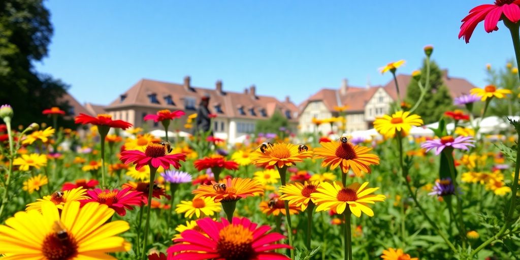 Bienen summen auf bunten Blüten in Bamberg.