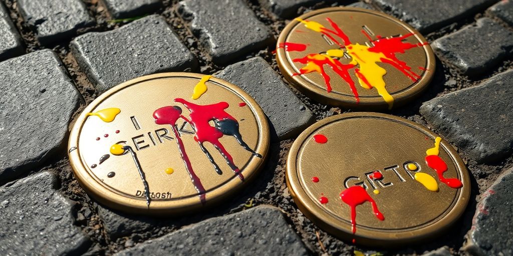 Beschmierte Stolpersteine auf grauem Pflaster