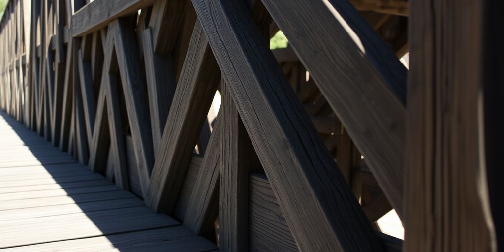 Holzbrücke über Fluss, detaillierte Bauweise