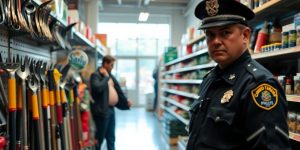 Mann im Baumarkt, Polizei untersucht Regal.