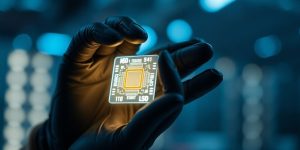 Zwei Hände halten futuristischen Chip
