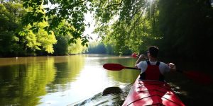 Kanutouristen auf einem Fluss in der Natur