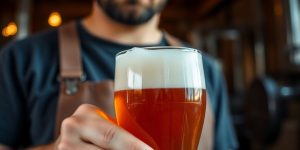 Brauer hält stolz ein frisch gezapftes Bierglas.