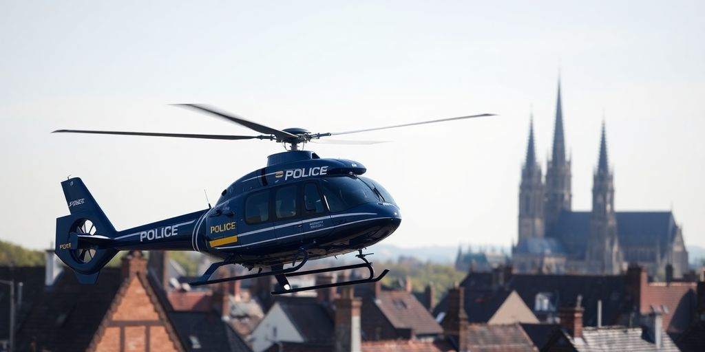 Polizeihubschrauber fliegt über Bamberger Dächer und Dom.