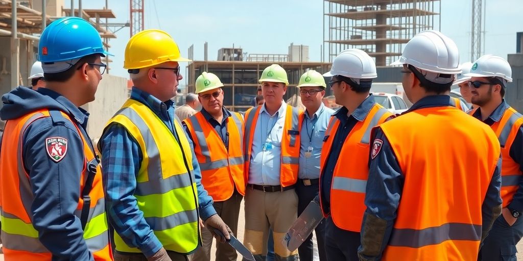 Bauarbeiter, Zollbeamte, Baustelle, Kontrolle