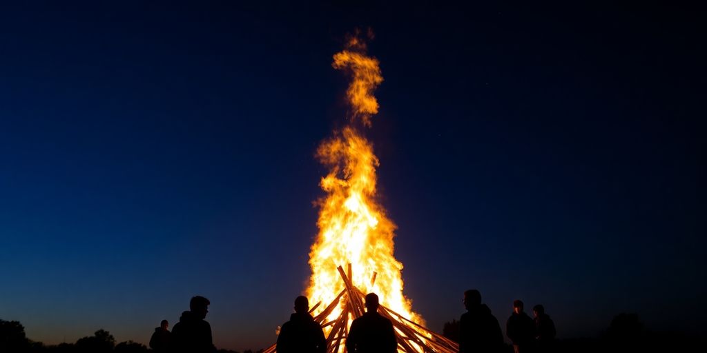 Großes Johannisfeuer lodert hell im Freien