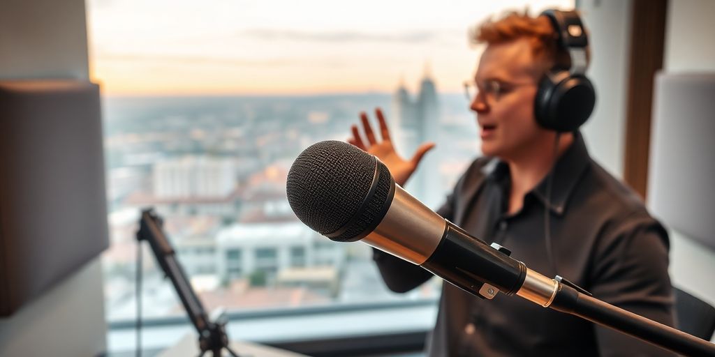 Mikrofon, Kopfhörer, Radiostudio, Bamberg Skyline