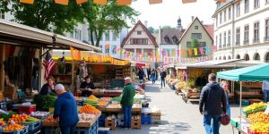 Belebter Marktplatz mit vielen Vorbereitungen