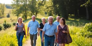 Bürgermeister und Bürger spazieren durch grüne Landschaft