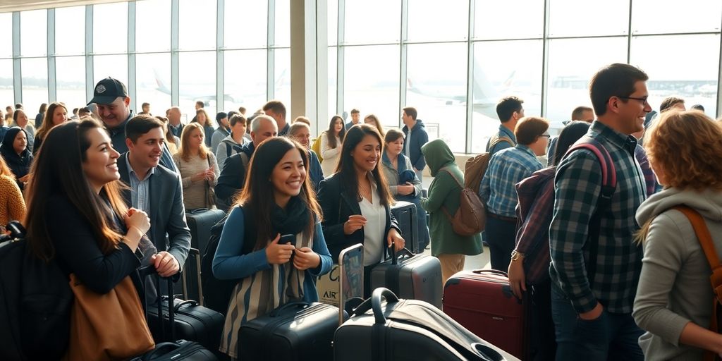 Belebter Flughafen mit reisenden Menschen