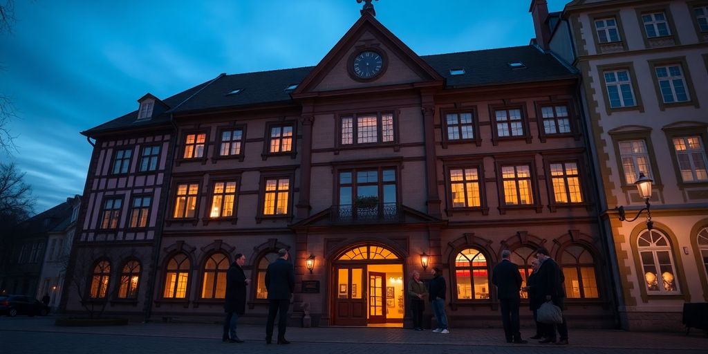 Rathaus Bamberg, beleuchtet, Stadträte im Gespräch