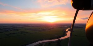 Hubschrauber über Wiesen bei Sonnenuntergang.