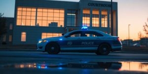 Polizeiauto vor Gerichtsgebäude, Abenddämmerung