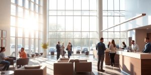 Modernes Bürogebäude, Bürgeramt-Mitarbeiter im Gespräch