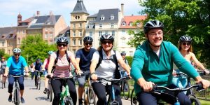 Radfahrende in Bamberg mit Fahrrädern vor historischer Kulisse.