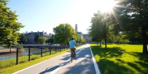 Fahrradfahrer auf markiertem Radweg in Bamberg.