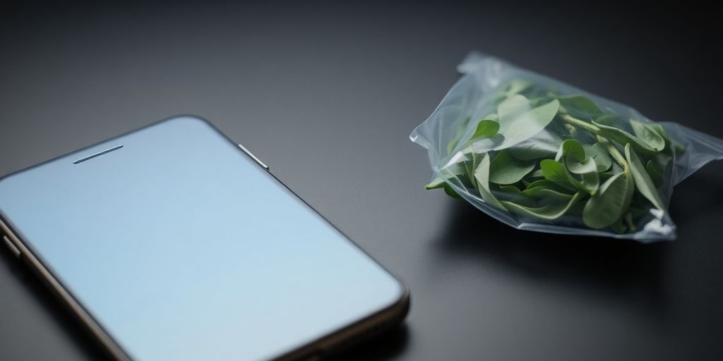 Dunkles Smartphone mit Drogenpaket
