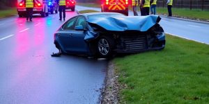 Verunfalltes Auto und Rettungskräfte auf der B22
