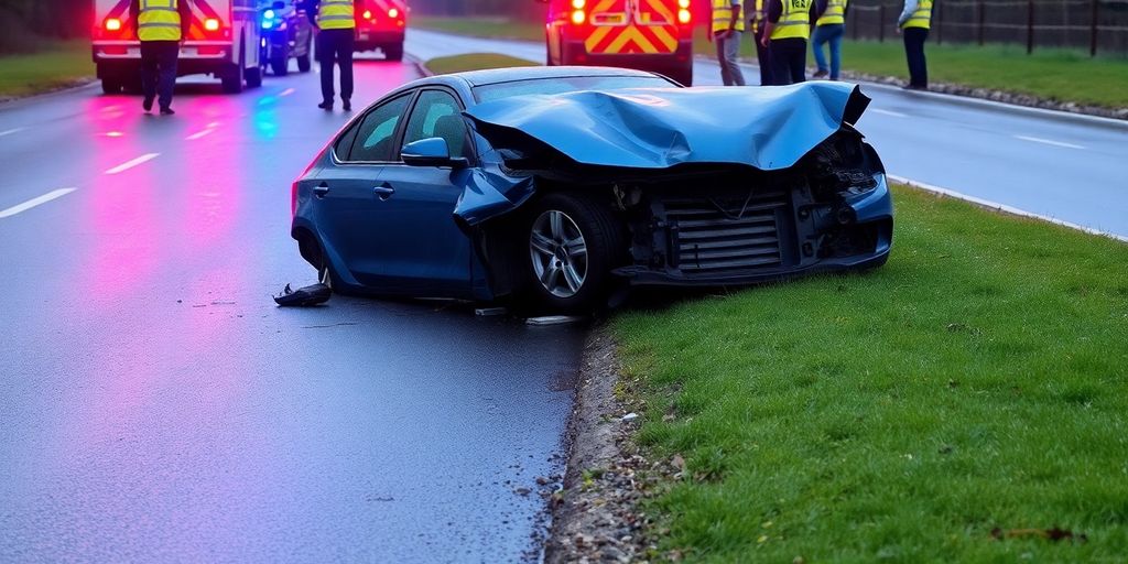 Verunfalltes Auto und Rettungskräfte auf der B22