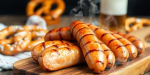 Bratwurstgipfel: Eine Auswahl an Bratwürsten und Brezeln.
