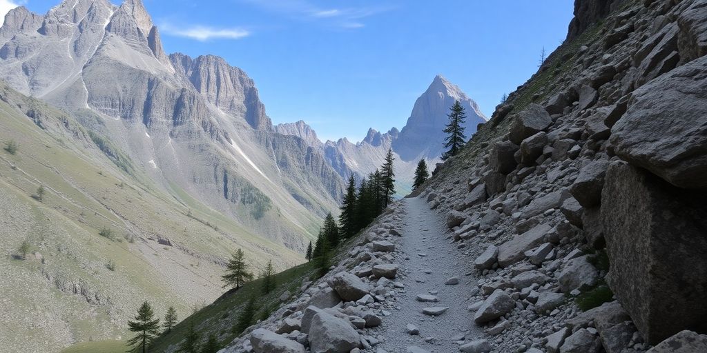 Alpenlandschaft, Felsen, Geröll, Nadelbäume, Bergpfad