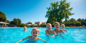 Sonnige Kinder planschen am Poolrand.