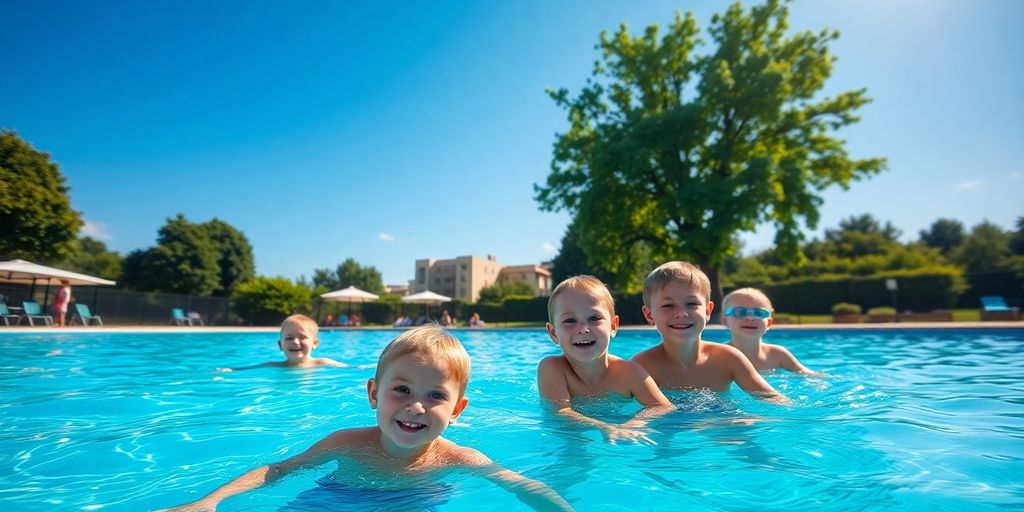Sonnige Kinder planschen am Poolrand.