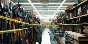 Polizisten sichern den Baumarkt Tatort ab.