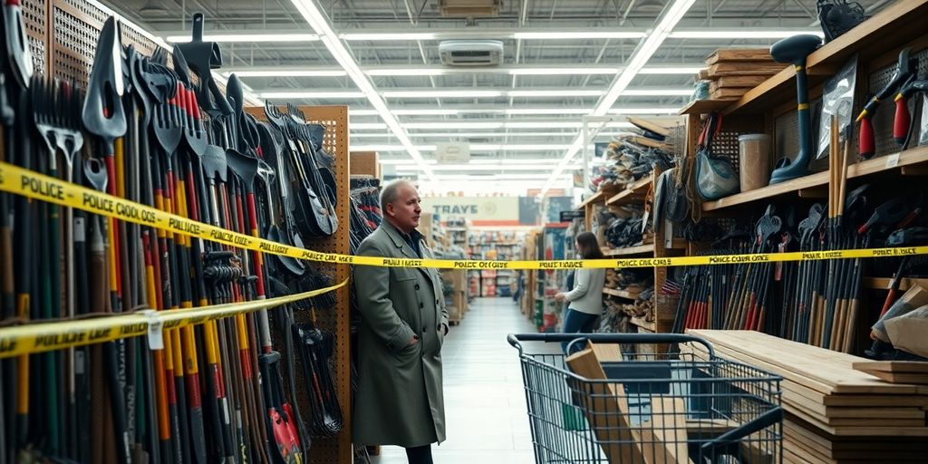 Polizisten sichern den Baumarkt Tatort ab.