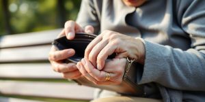 Seniorin, die irritiert auf eine leere Handtasche blickt.