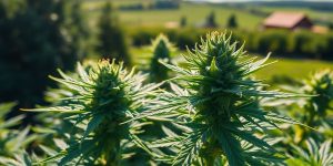 Sonnenlicht fällt auf blühende Cannabis-Pflanzen in Oberfranken.