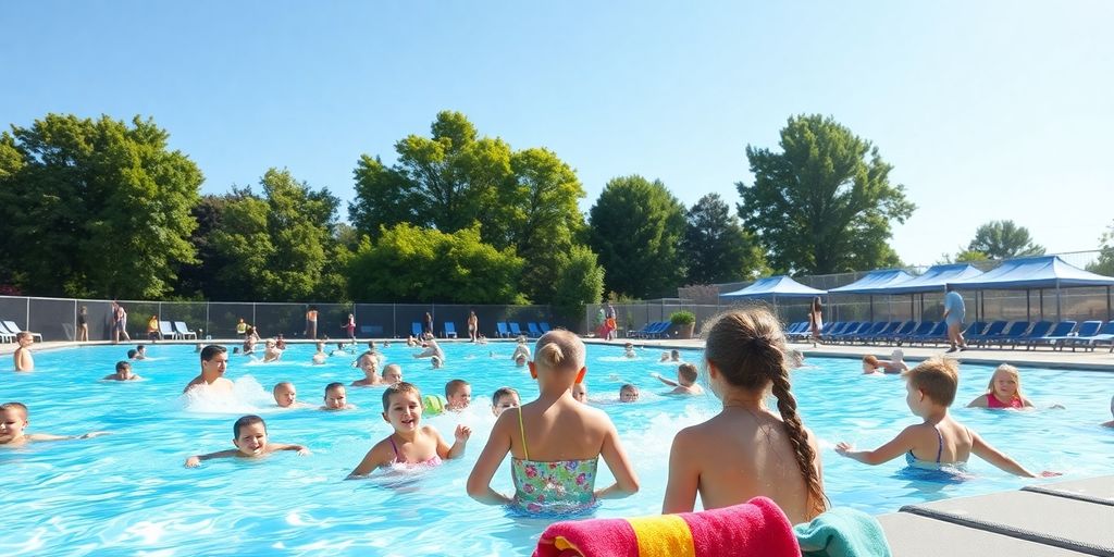 Sonniger Tag, Schwimmbad, glückliche Menschen planschen