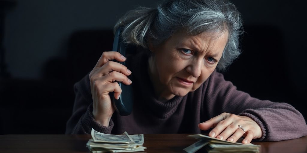 Ältere Frau, besorgt, telefoniert, Geld auf Tisch, Betrug.