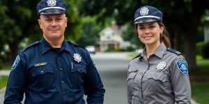 Polizisten lächeln, besprechen etwas auf einer Straße