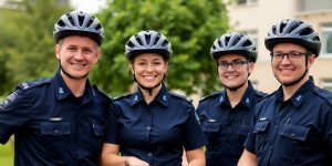Polizisten mit Fahrradhelmen posieren für Kamera.