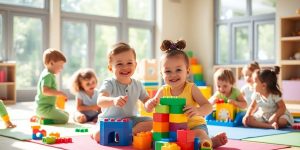 Kinder spielen in moderner Betreuungseinrichtung