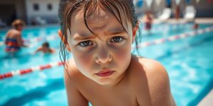 Mädchen im Schwimmbad, von Polizisten befragt.