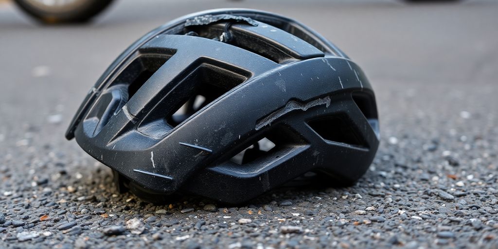 Fahrradhelm liegt auf der Straße nach Unfall.