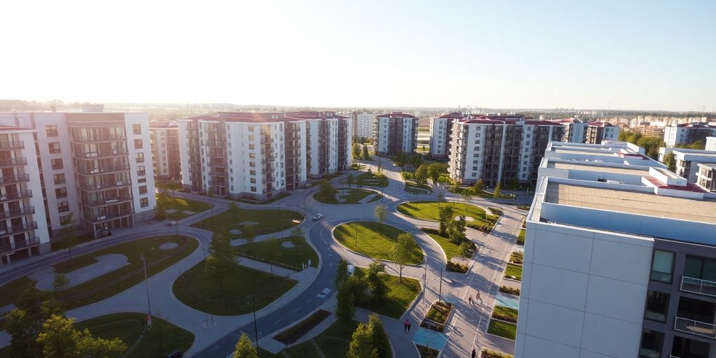Modernes Stadtquartier mit Wohngebäuden und Grünflächen