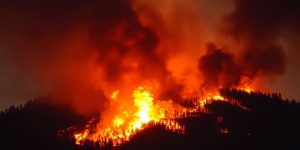 Großer Brand, Flammen, Rauch über Landschaft