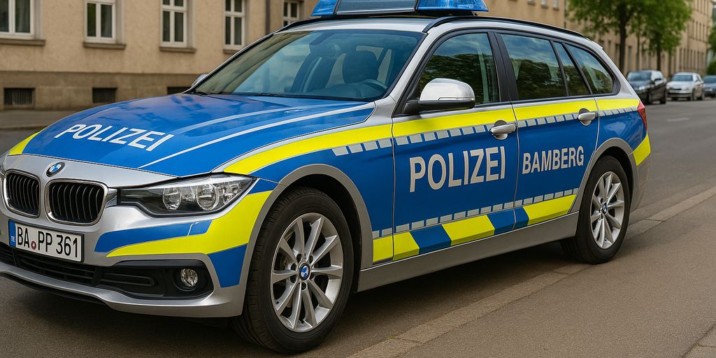 A blue and yellow police car parked on a street.