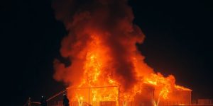 Brennende landwirtschaftliche Gebäude mit hohen Flammen