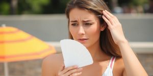 Frau schwitzt im Hitzeschub, sucht Schatten.