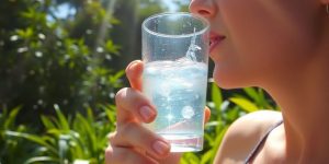 Frau trinkt Wasser im Sommer.