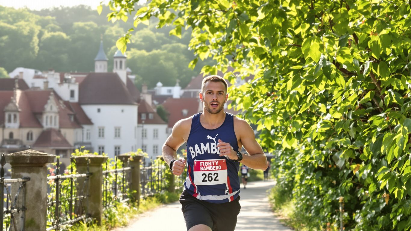 Läufer erkundet historische Stadt Bamberg auf einer Laufstrecke.