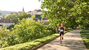 Läufer erkundet historische Stadt Bamberg auf einer Laufstrecke.