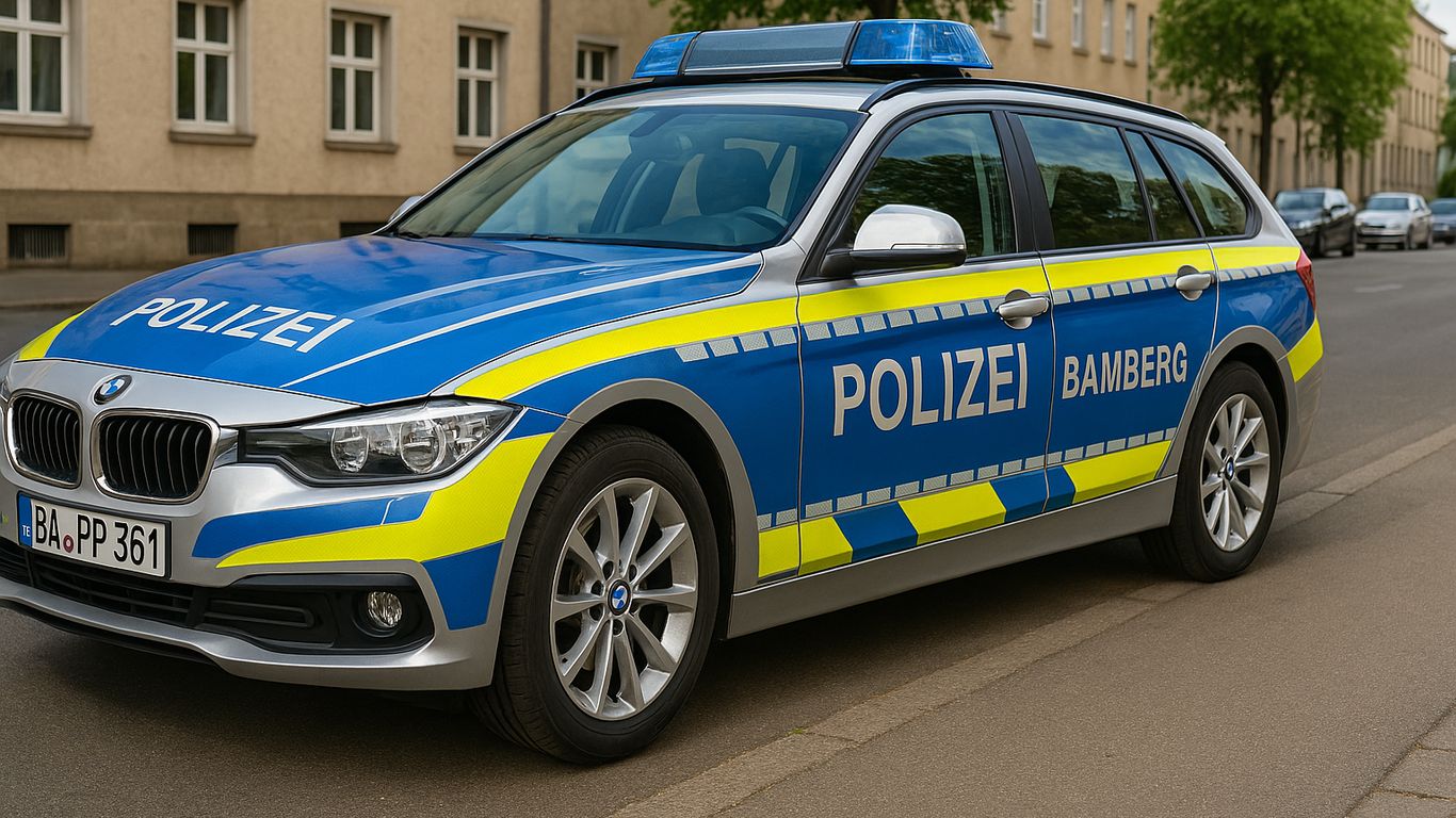 A blue and yellow police car parked on a street.